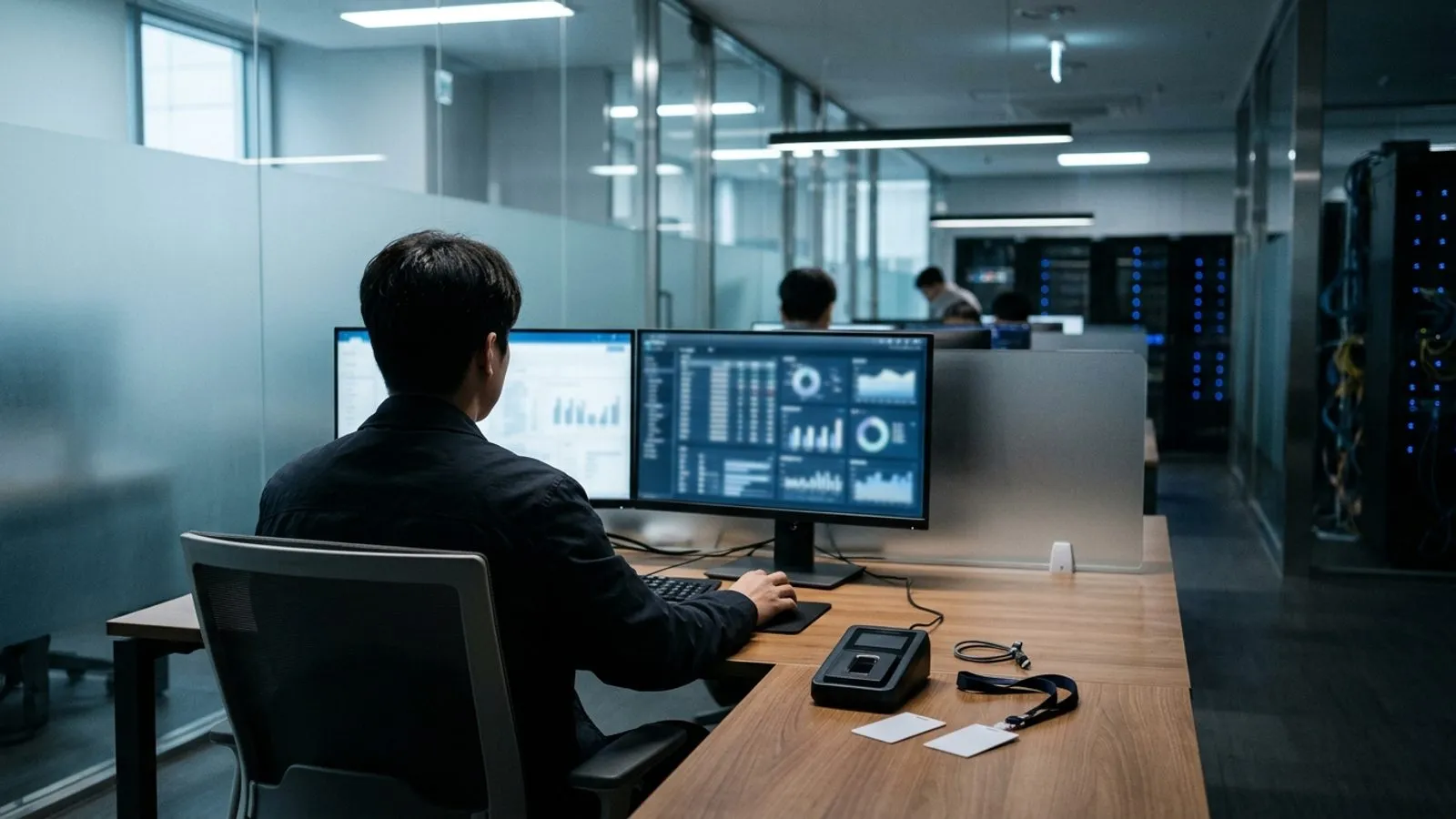 보안이 강화된 데이터 분석 공간에서 모니터를 마주하고 작업을 준비하는 연구원의 뒷모습.