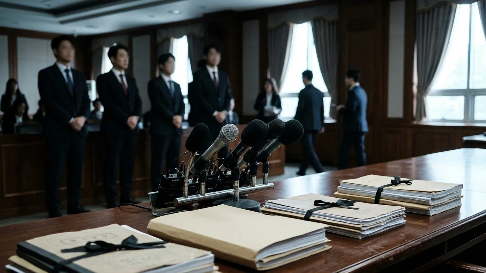 기자회견장 마이크와 서류철이 놓인 탁자 뒤로 어두운 정장 차림의 관계자들이 서 있는 모습