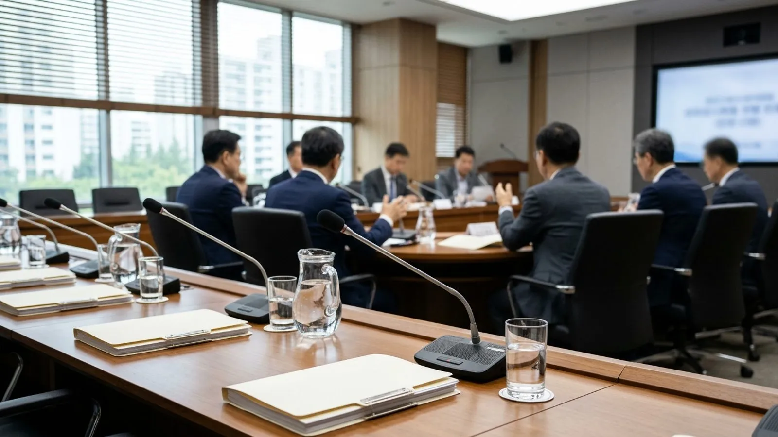 정부 회의실 테이블에 서류철과 마이크가 놓여 있고 회의에 참석한 심사위원들의 뒷모습이 보이는 장면