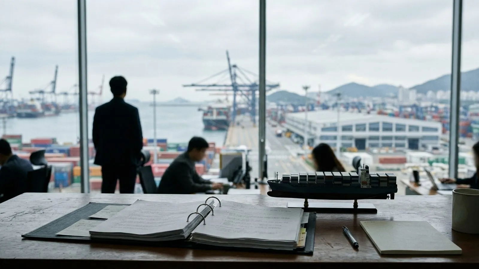 창밖으로 항만 전경이 보이는 연구실 책상 위에 놓인 두꺼운 법률 서류와 컨테이너 선박 모형