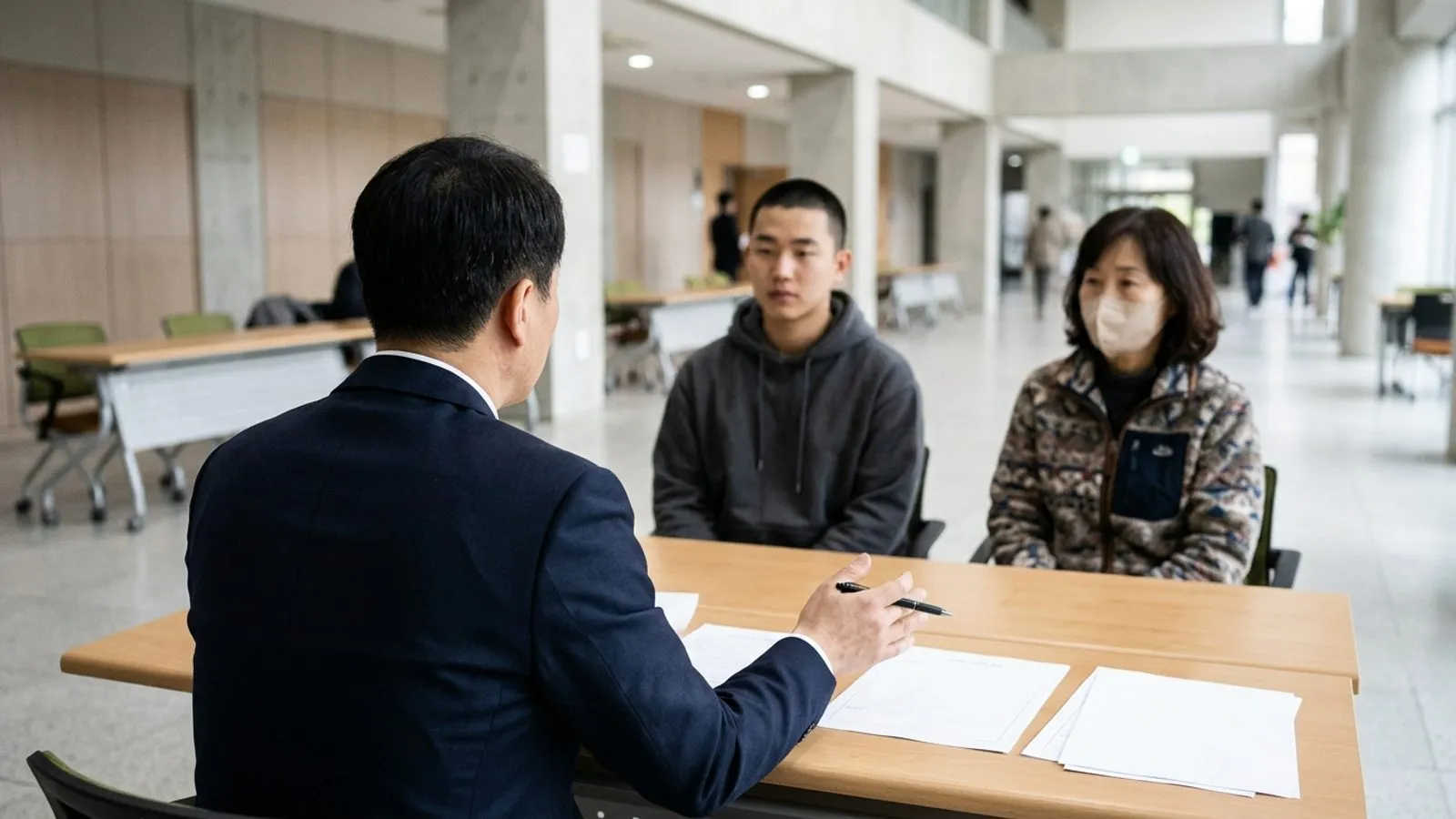 상담 테이블에서 서류를 사이에 두고 마주 앉아 고충 상담을 진행하는 상담관과 민원인의 뒷모습