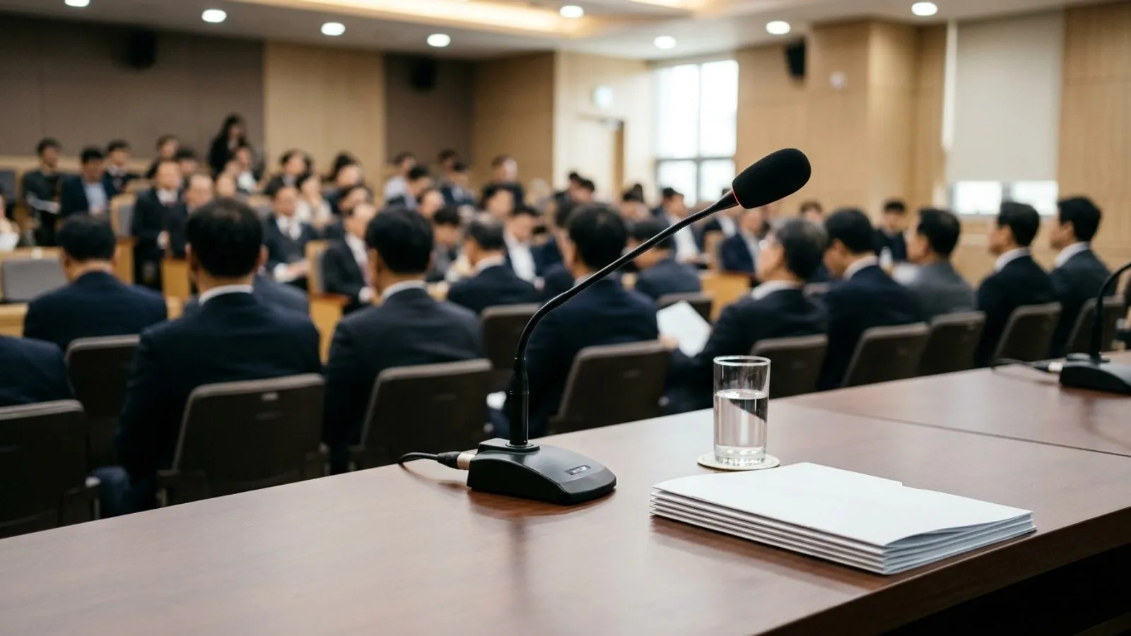 학술 토론회 회의실 책상에 놓인 마이크와 보고서 서류철, 흐릿하게 보이는 참석자들의 뒷모습