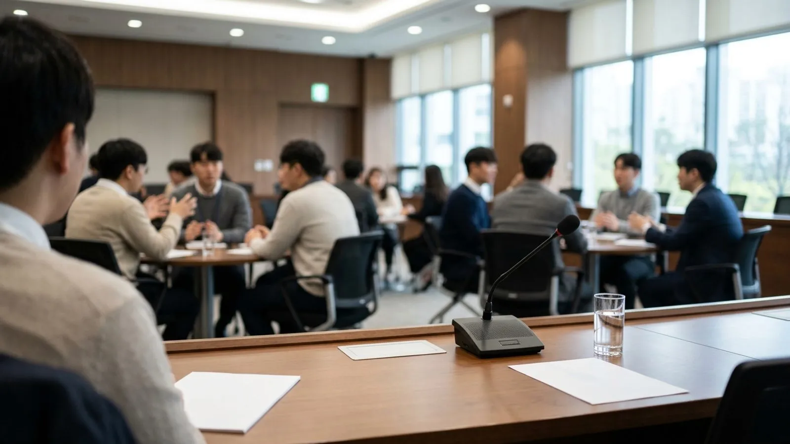 정부 청사 회의실에서 청년 참가자들이 테이블에 둘러앉아 토론을 진행하고 있는 모습