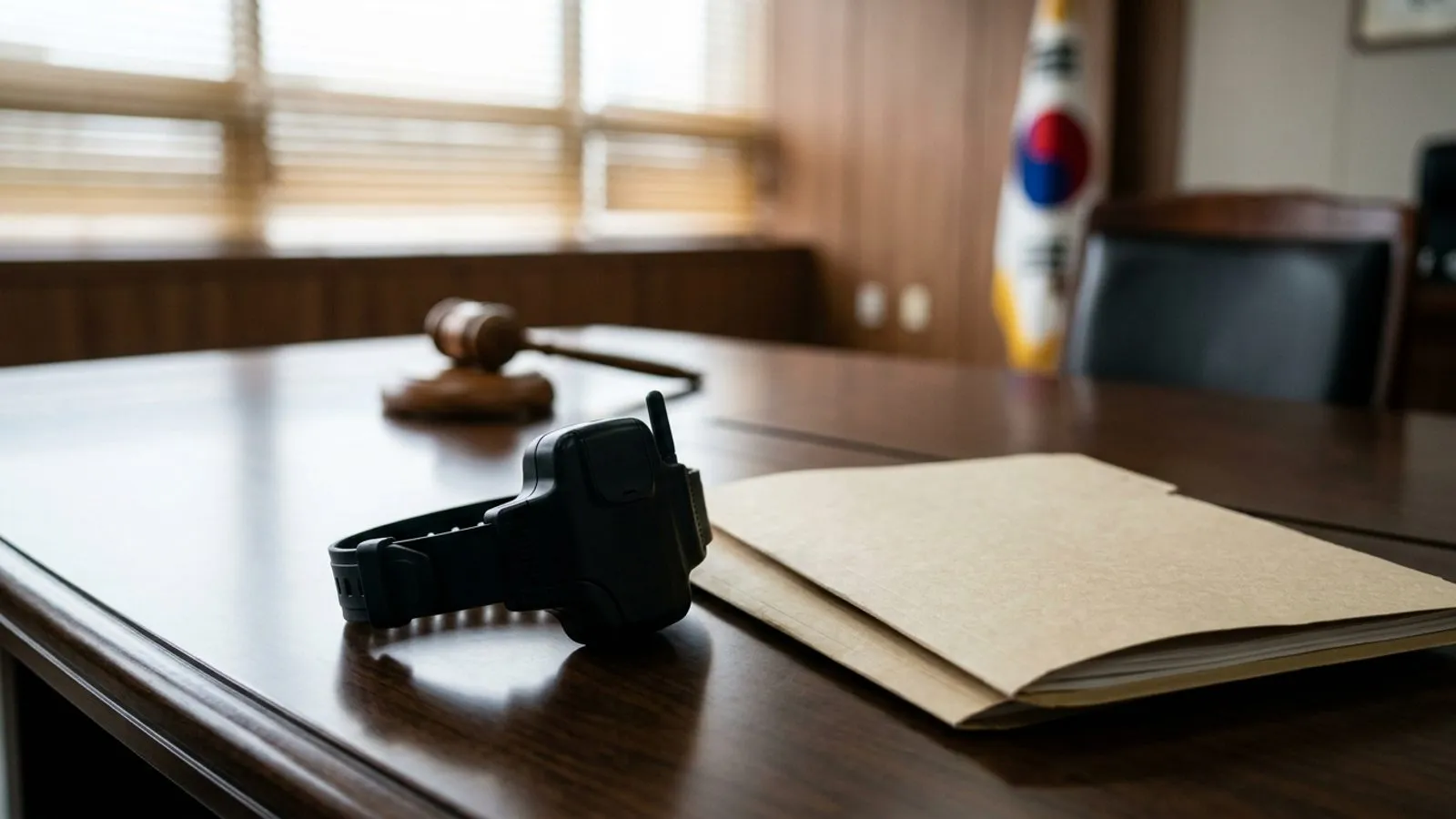 어두운 원목 책상 위에 놓인 위치추적 전자장치와 서류철, 차분한 분위기의 사무실 풍경