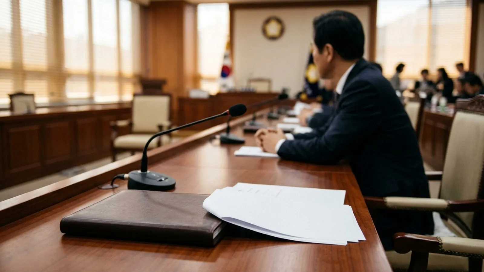 국회 회의실 책상 위에 놓인 정책 서류와 마이크, 블라인드 사이로 들어오는 자연광을 담은 보도 사진.
