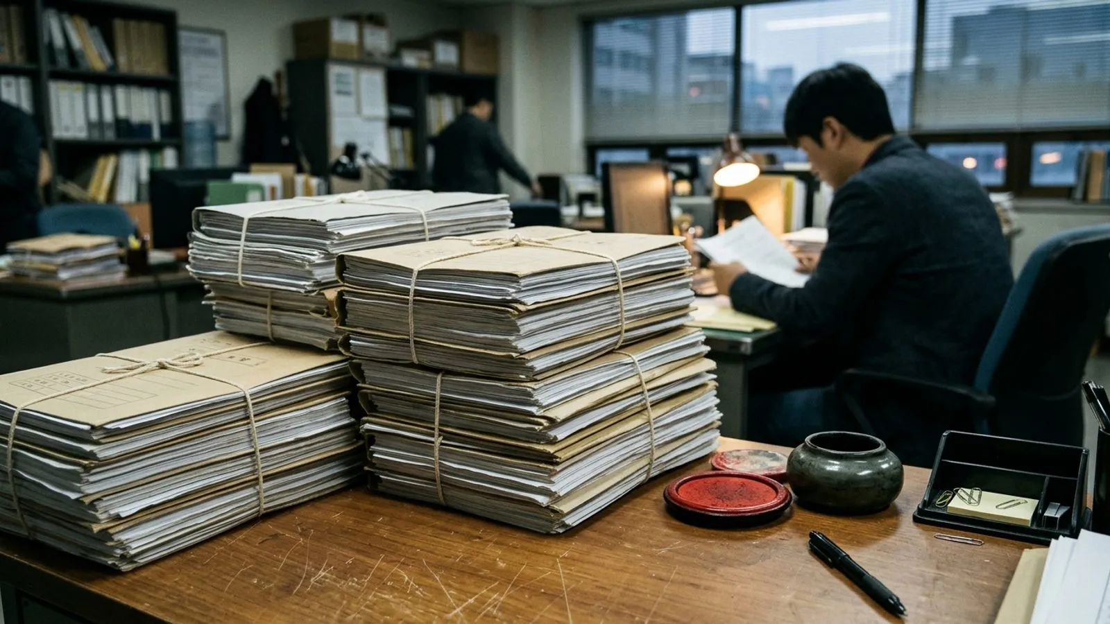 두껍게 쌓인 수사 서류철과 도장이 놓인 사무실 책상 너머로 서류를 검토하는 수사관의 뒷모습.