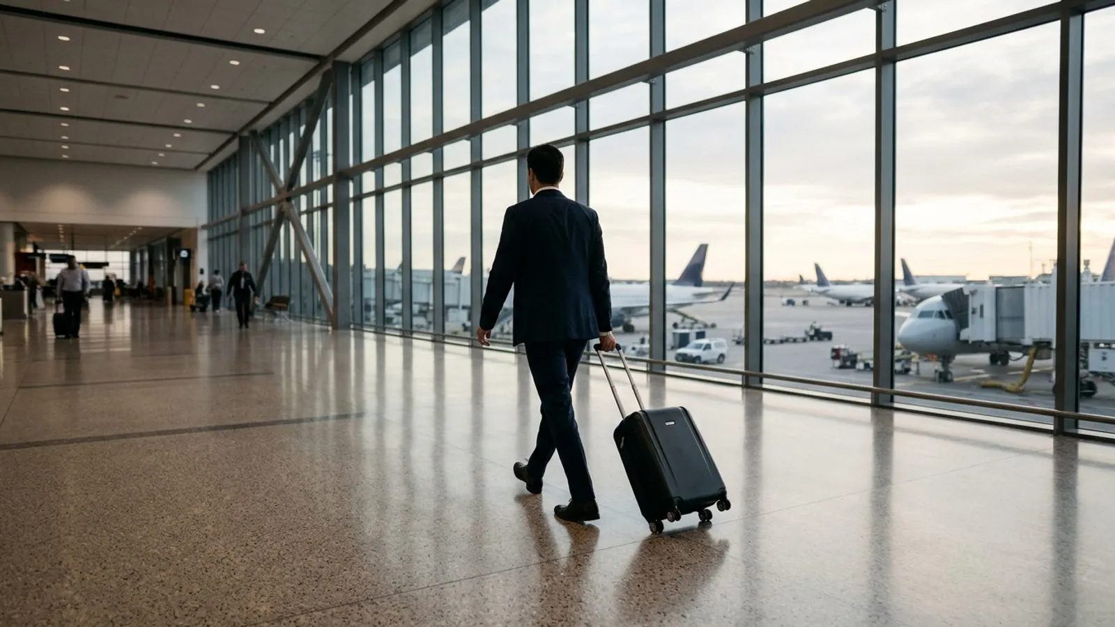 공항 터미널 유리창을 향해 여행용 캐리어를 끌고 걸어가는 정장 차림 인물의 뒷모습
