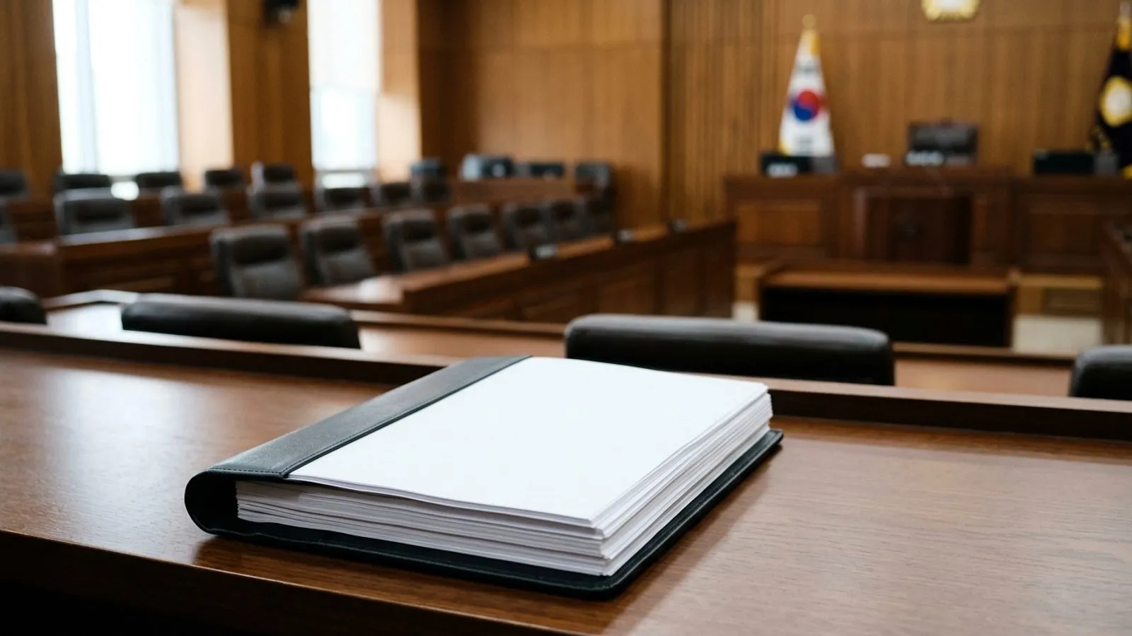 국회 회의실 원목 책상 위에 놓인 가죽 서류철과 법안 검토용 문서들