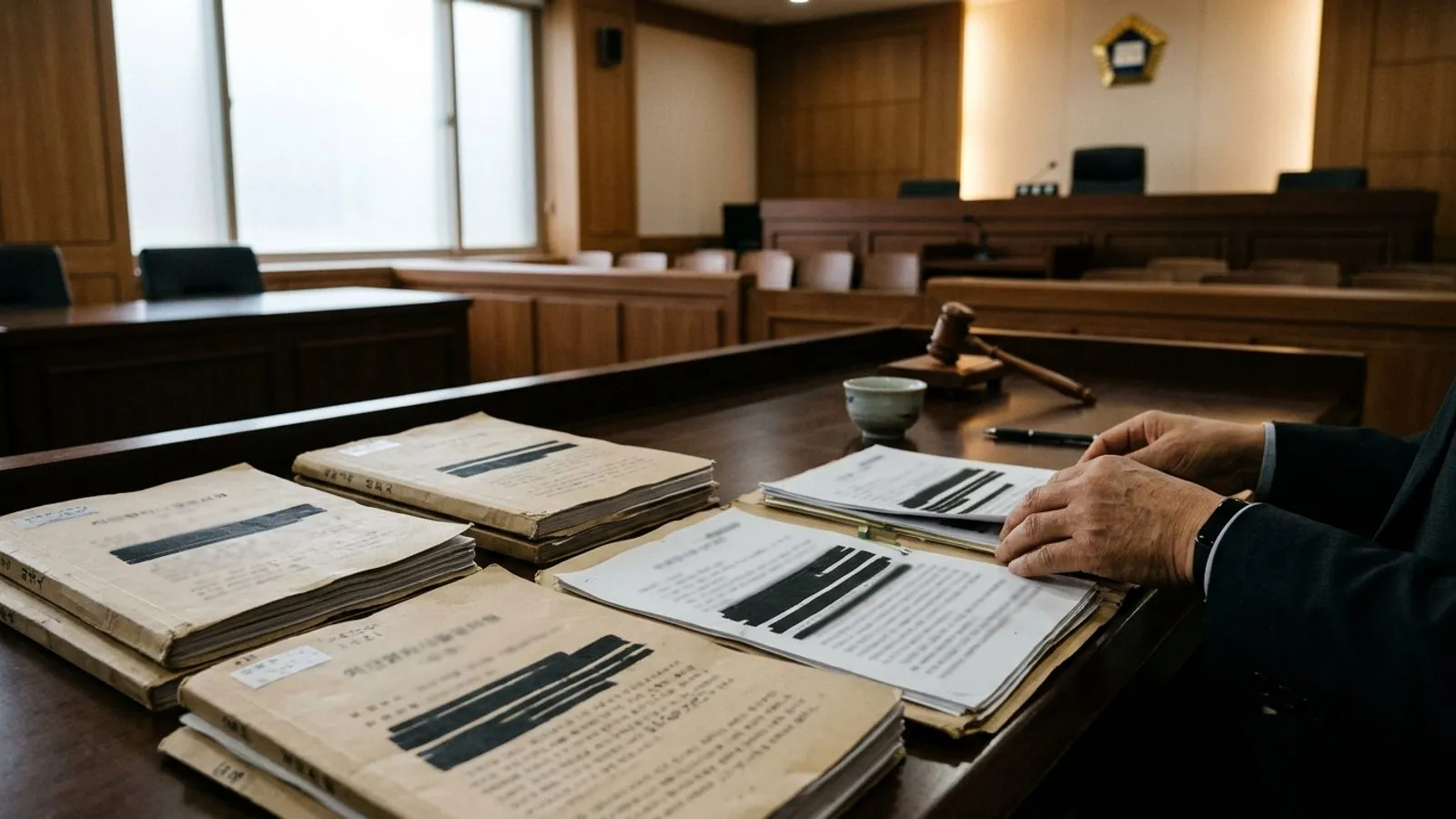 법원 책상 위에 개인정보 보호를 상징하듯 일부가 가려진 법률 서류와 법봉이 놓여 있는 모습