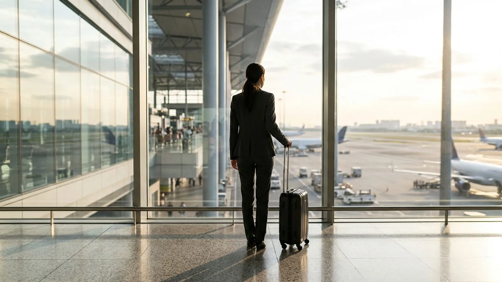 공항 터미널 창가에 서서 여행용 여행 가방을 쥐고 활주로를 바라보는 정장 차림 인물의 뒷모습