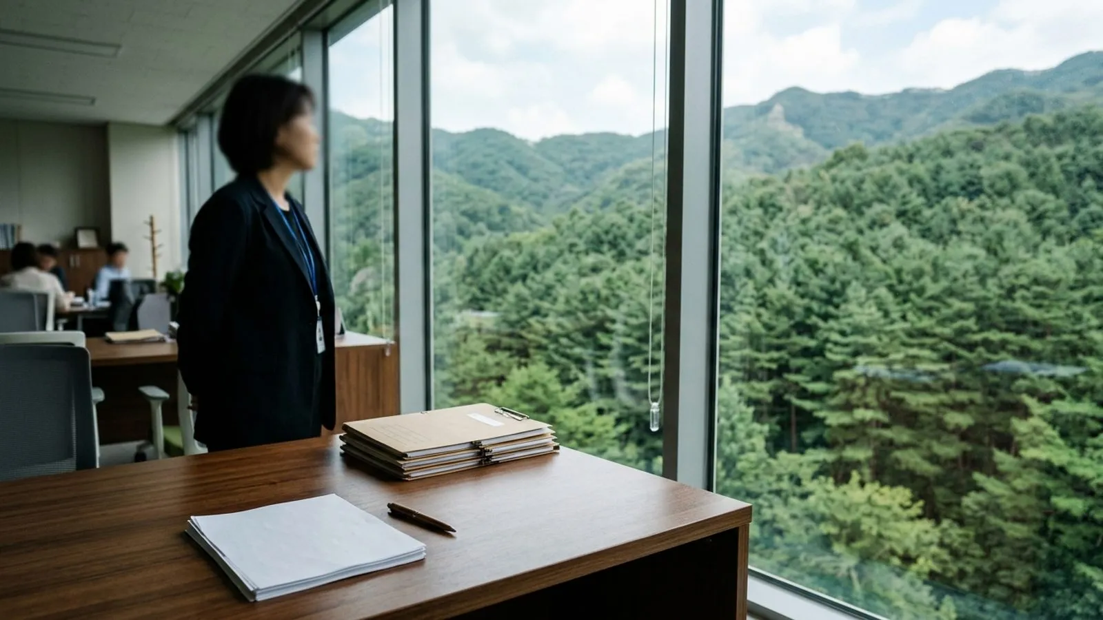 창밖으로 푸른 국유림 산자락이 내려다보이는 공공기관 사무실 책상 위에 서류철이 놓여 있는 모습