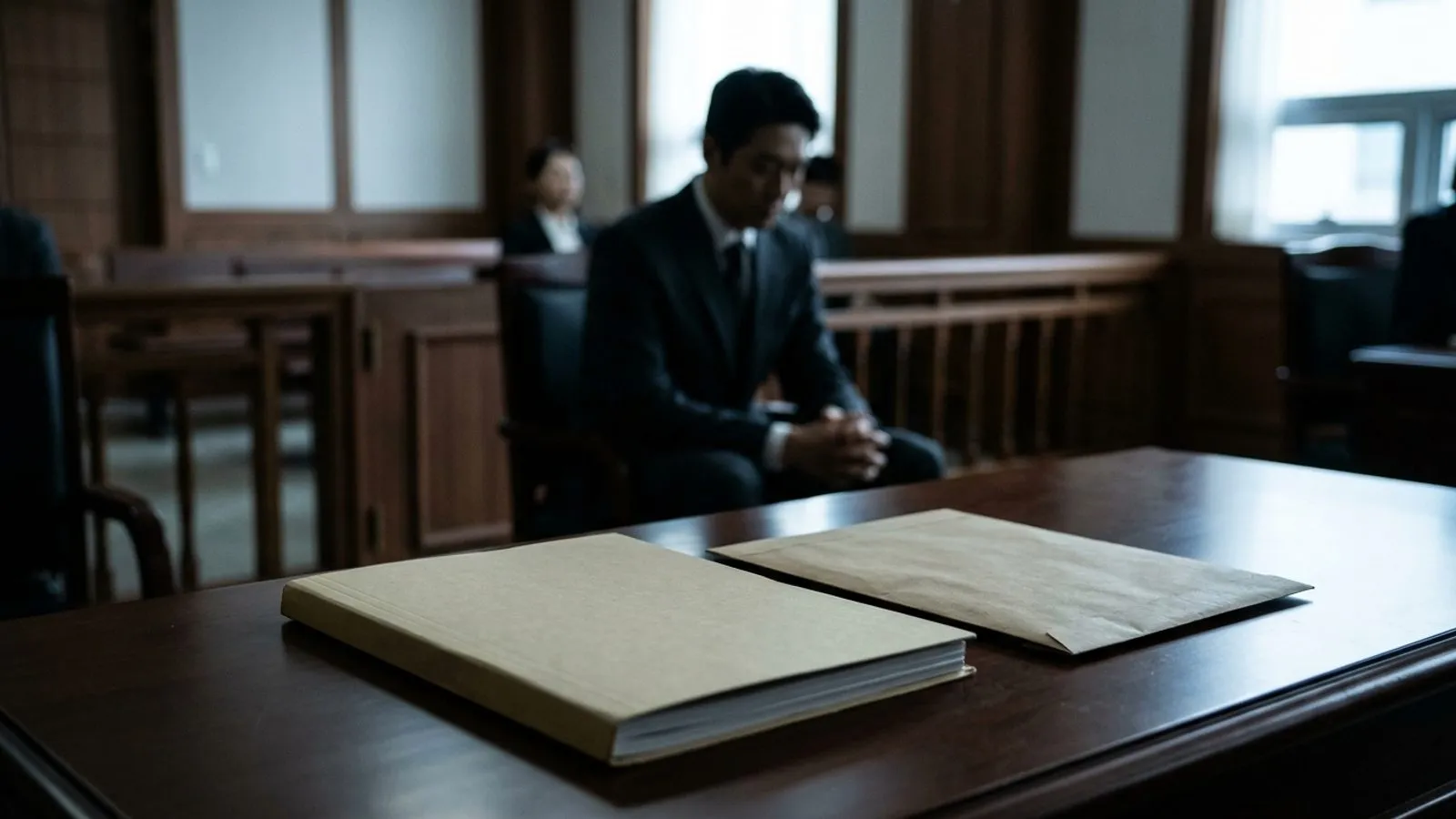 법정 내부 책상 위에 놓인 서류 봉투와 사건 기록, 그리고 그 뒤로 고개를 숙인 채 앉아 있는 남성의 실루엣.