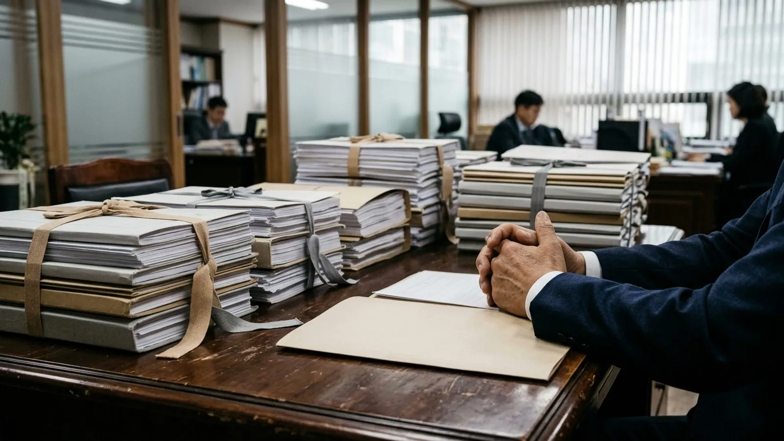 법률 사무실 책상 위에 두껍게 쌓인 수사 기록 서류철과 이를 검토하고 있는 손의 모습