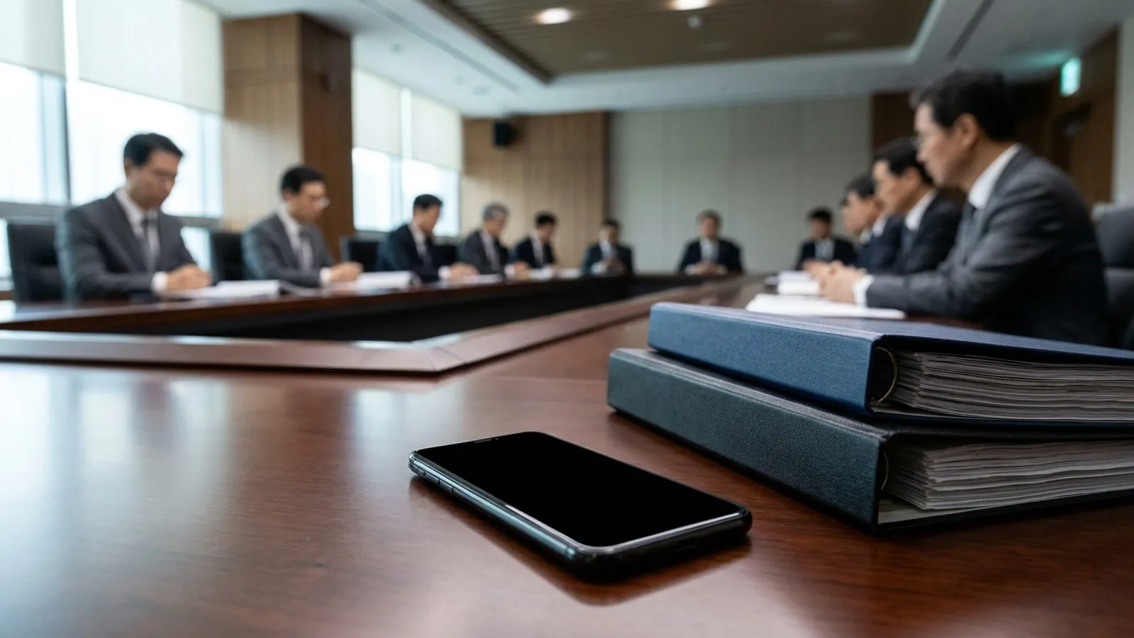 정부 규제 회의실 탁자 위에 놓인 스마트폰과 두꺼운 심의 서류철