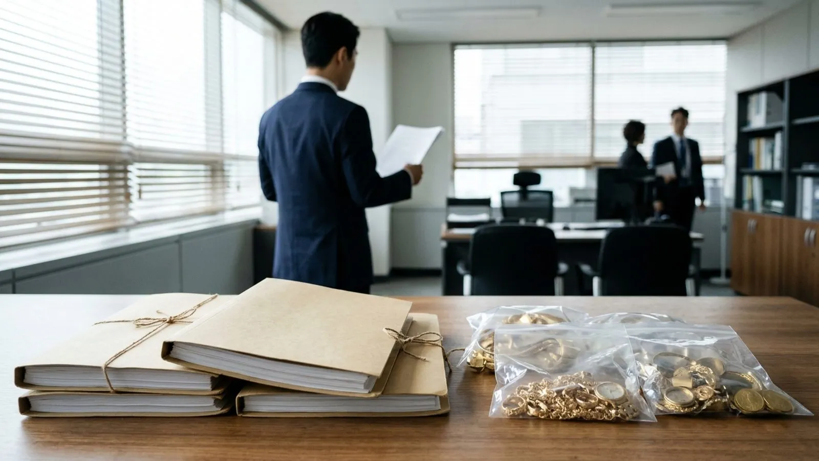 검찰청 집무실 책상 위에 놓인 수사 기록 서류철과 압수된 귀금속 증거물이 자연광을 받고 있는 모습.