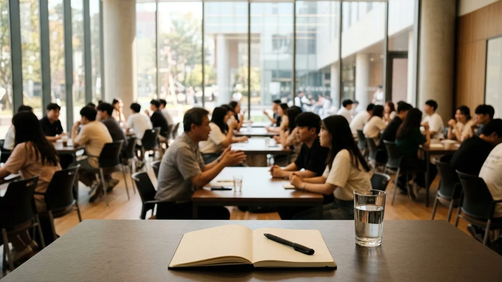 대학 세미나실 테이블 위의 공책과 펜 너머로 마주 앉아 멘토링 대화를 나누는 사람들의 모습