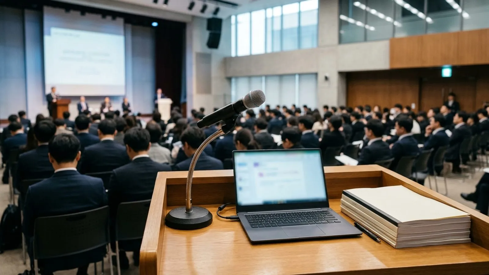 학술 세미나 회의실 책상에 놓인 마이크와 노트북, 뒤편으로 흐릿하게 보이는 참석자들의 뒷모습.