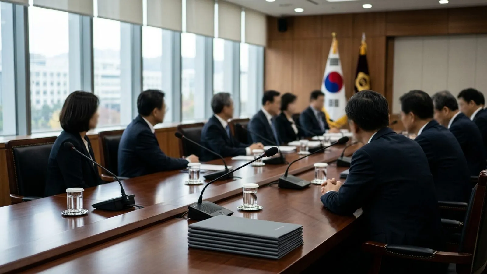마이크와 서류철이 정돈된 회의실 테이블에 정장 차림의 위원들이 착석해 회의를 준비하는 모습