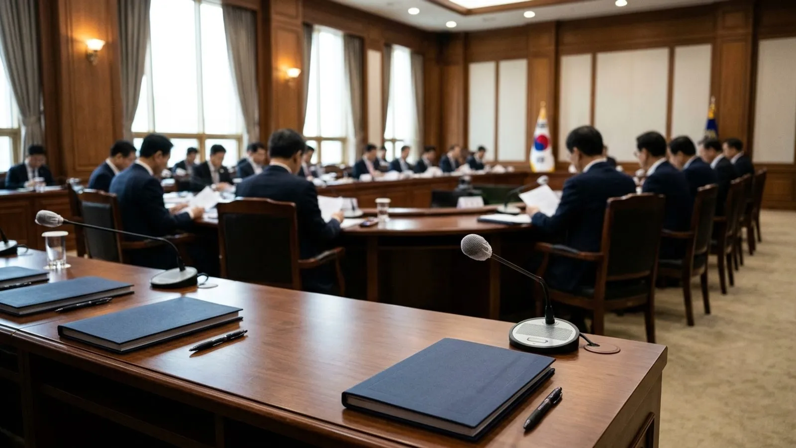 회의용 마이크와 서류철이 놓인 정갈한 회의실 탁자 너머로 회의에 집중하는 참석자들의 뒷모습