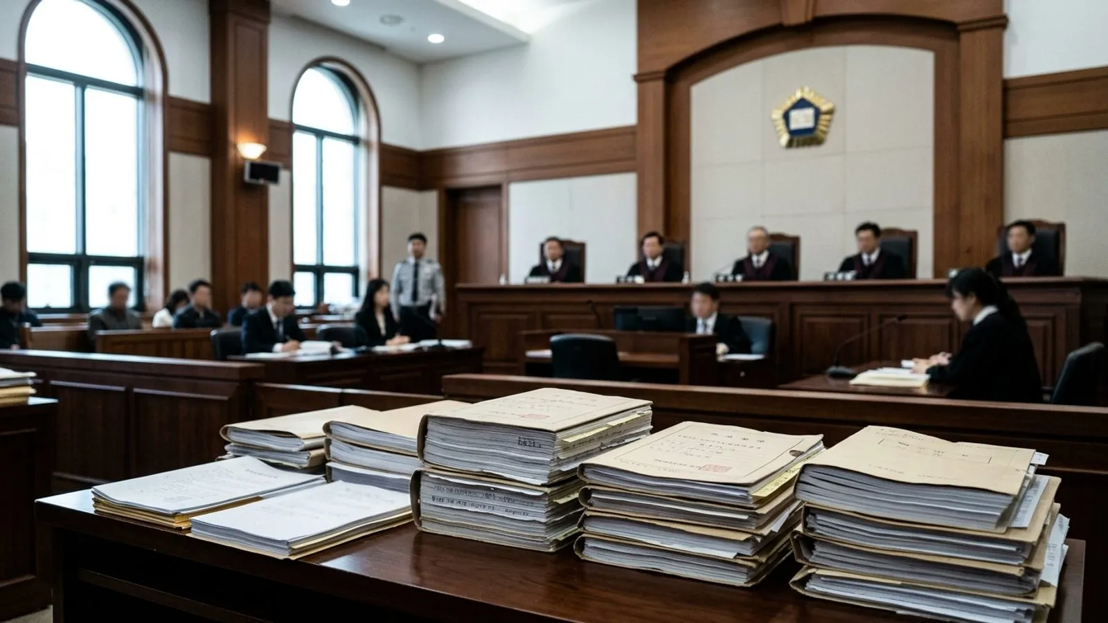 원목 책상 위에 놓인 두꺼운 재판 기록 서류철과 은은한 자연광이 비치는 법정 내부 풍경