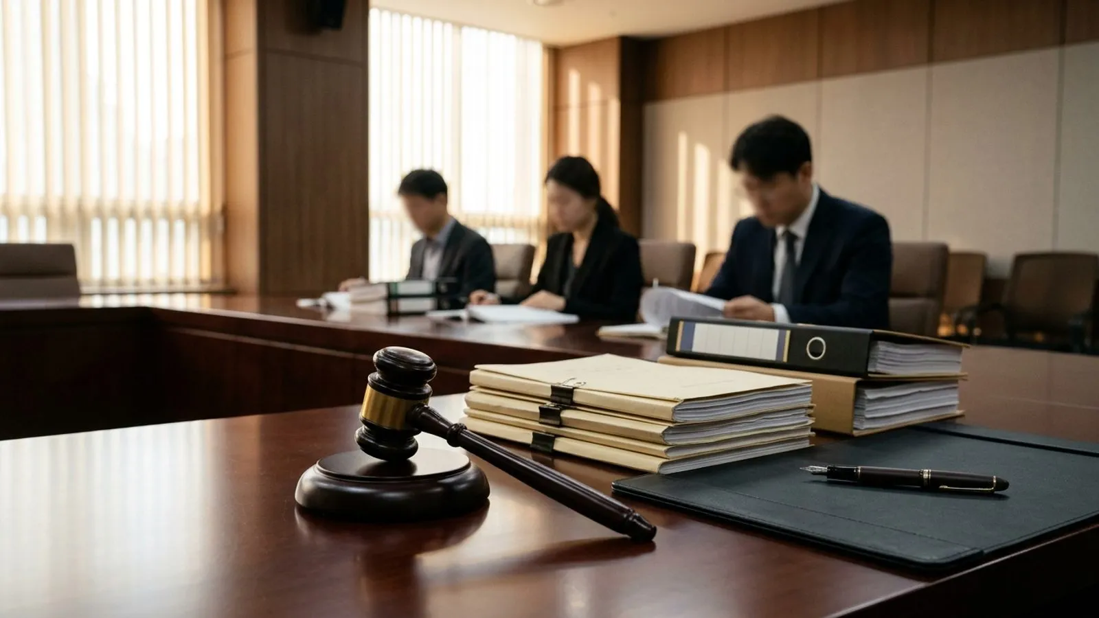 어두운 원목 탁자 위에 두꺼운 서류 뭉치와 법봉이 놓여 있는 법정 회의실 모습