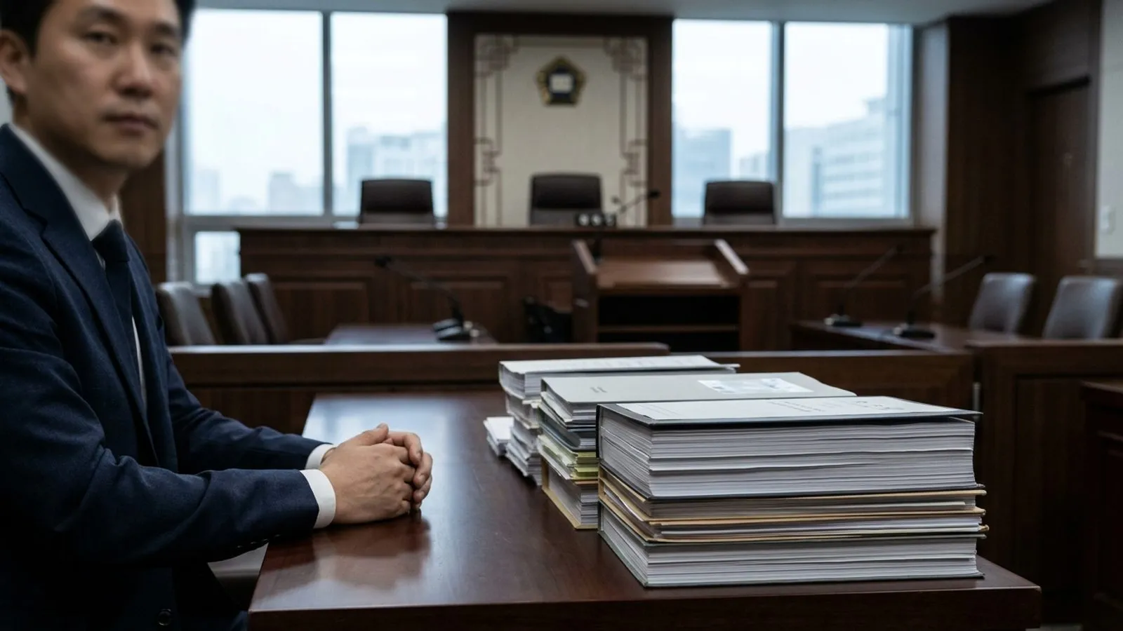 회의실 원목 탁자 위에 두툼한 법률 서류철이 놓여 있고 회의를 준비하는 정갈하고 엄숙한 실내 전경