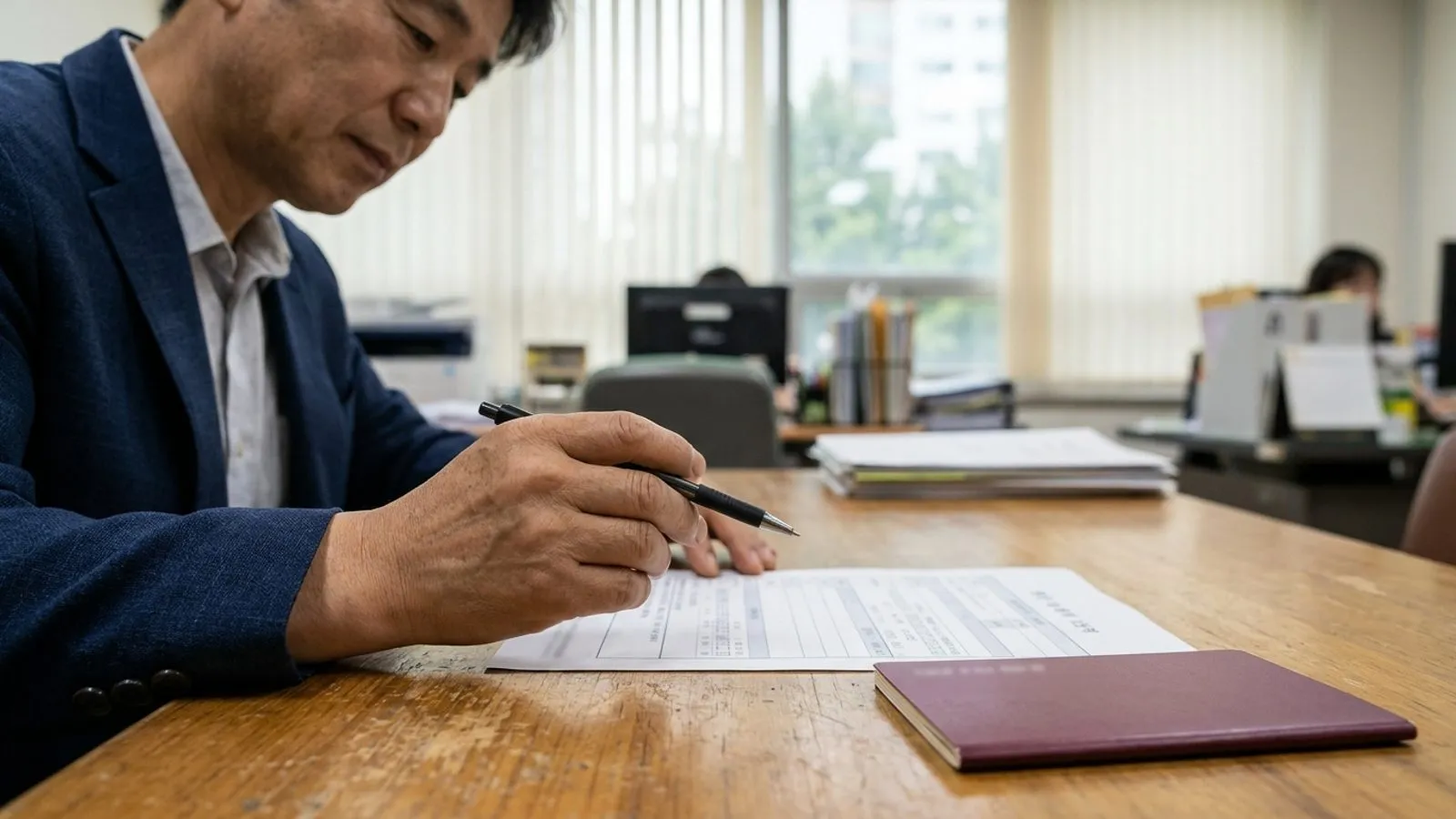 노동 상담실 책상 위에서 신청 서류와 통장을 앞에 두고 펜을 쥔 손을 근접 촬영한 모습.