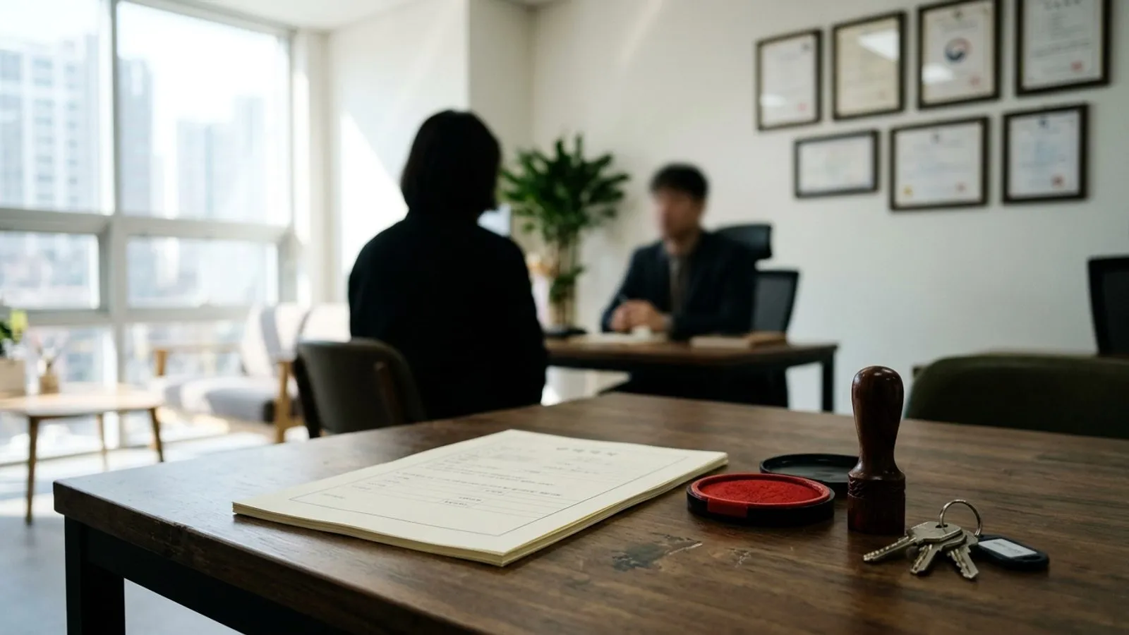 부동산 중개 사무소 책상 위에 놓인 계약 관련 서류와 인감도장, 열쇠의 모습