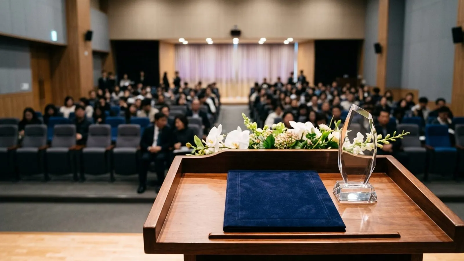 공공기관 시상식장 단상 위에 놓인 상패와 상장 케이스 및 배경의 흐릿한 행사장 전경