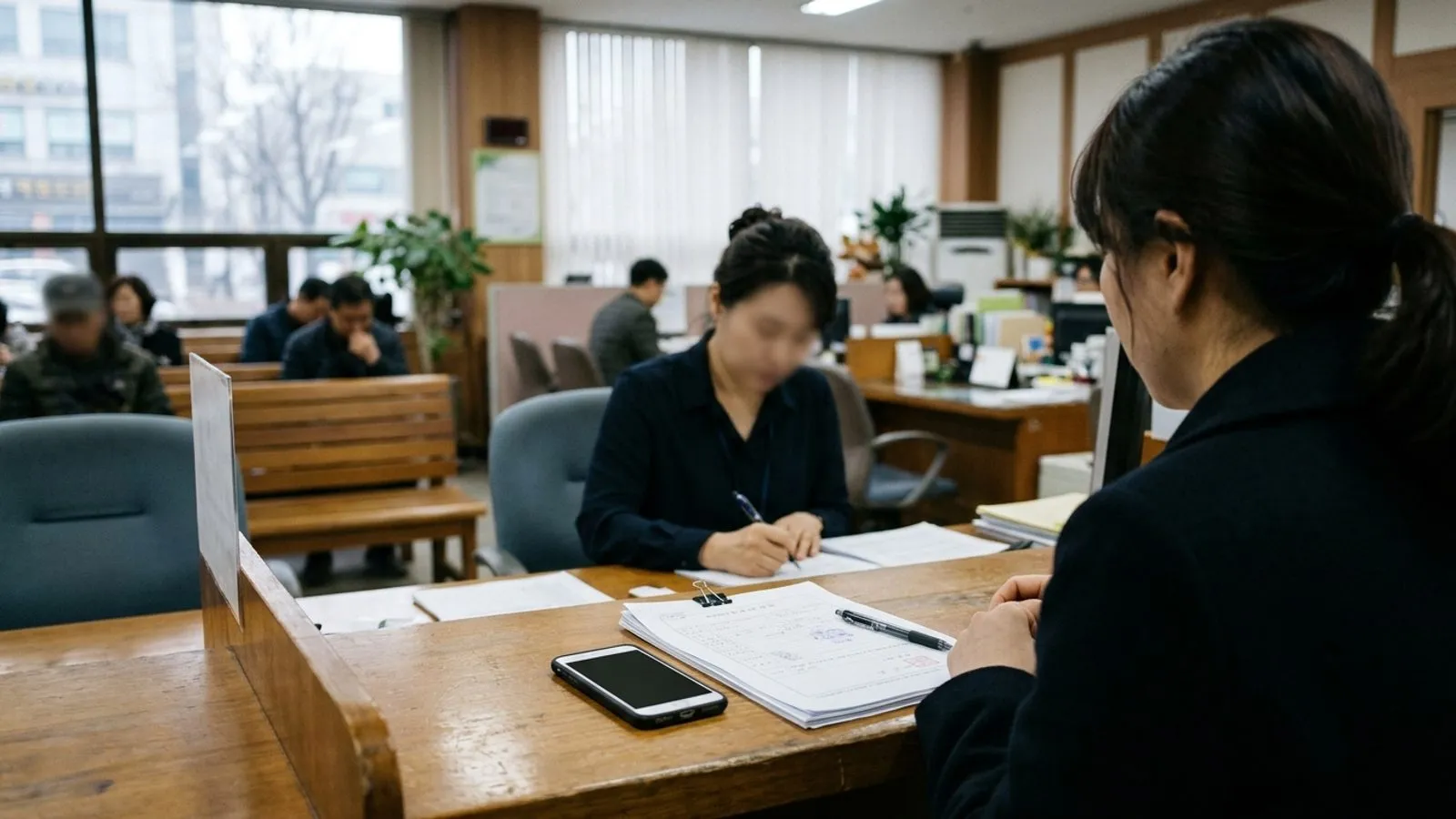 은행 상담 창구 책상 위에 스마트폰과 서류가 놓여 있고 맞은편에 앉은 민원인의 모습이 흐릿하게 보이는 장면
