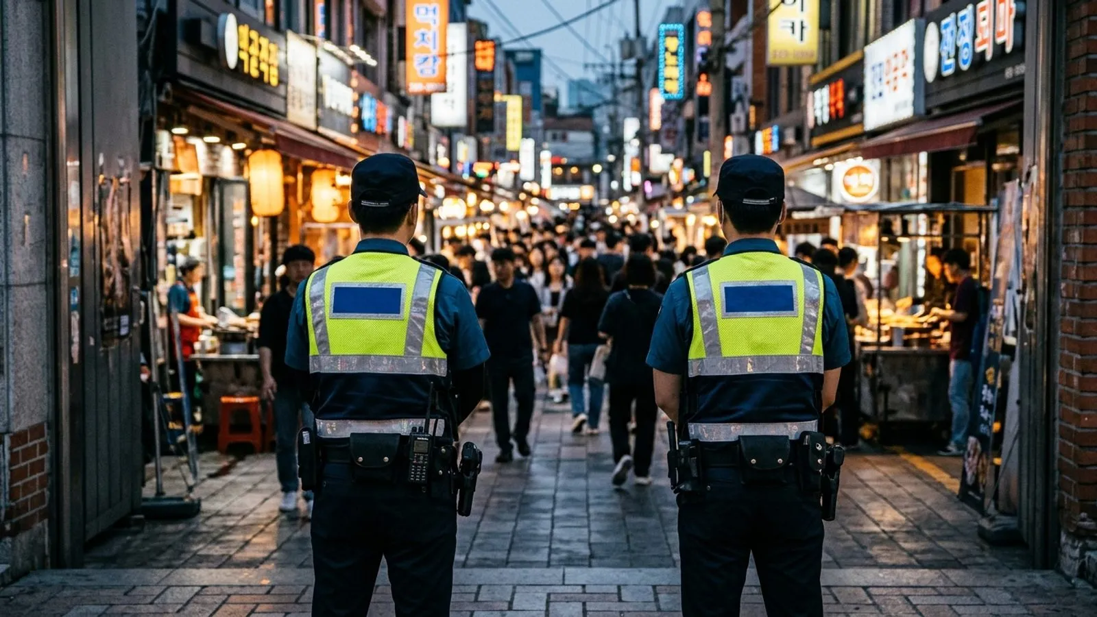 야간 도심 번화가 골목에서 인파 관리와 안전 순찰을 위해 대기 중인 경찰관들의 뒷모습.