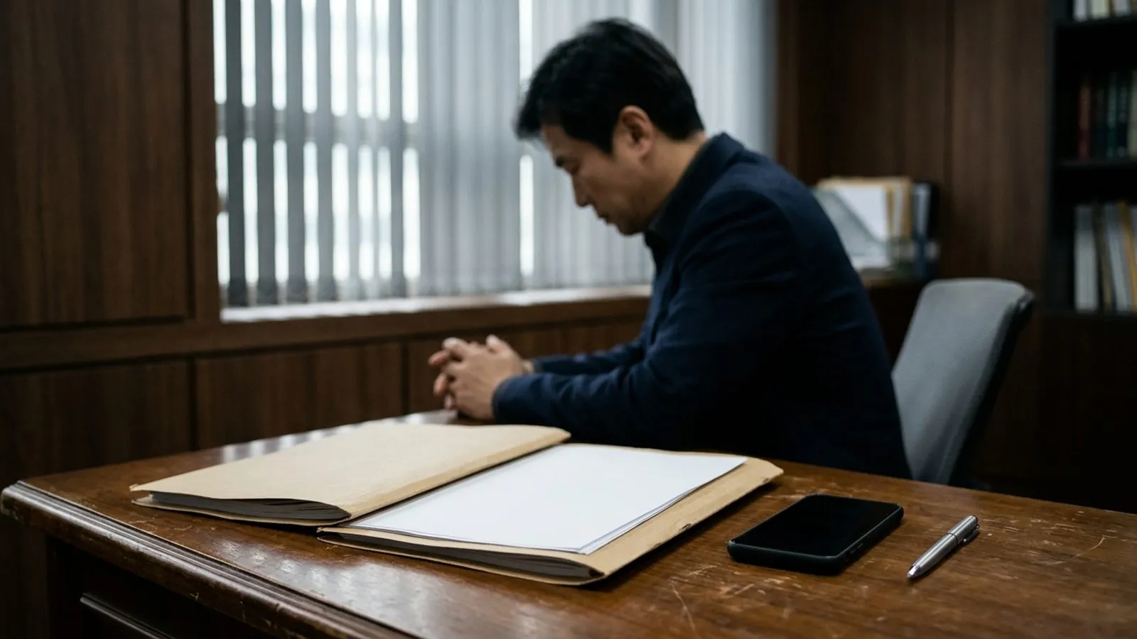 상담실 책상 위에 놓인 서류철과 스마트폰, 그리고 창가 쪽에 앉아 있는 사람의 뒷모습