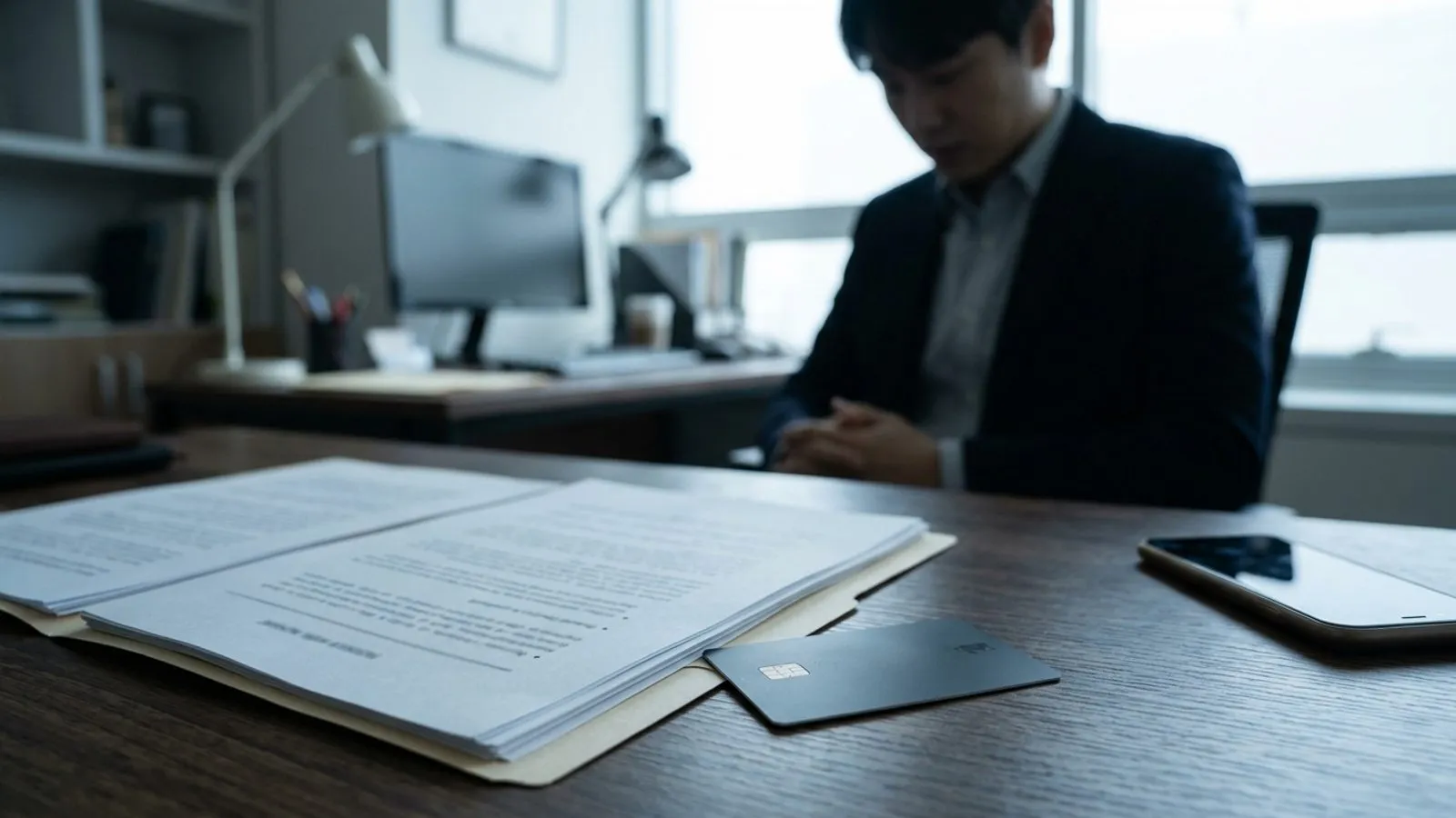원목 책상 위에 놓인 체크카드와 법률 서류철, 그 뒤로 흐릿하게 보이는 의뢰인의 손